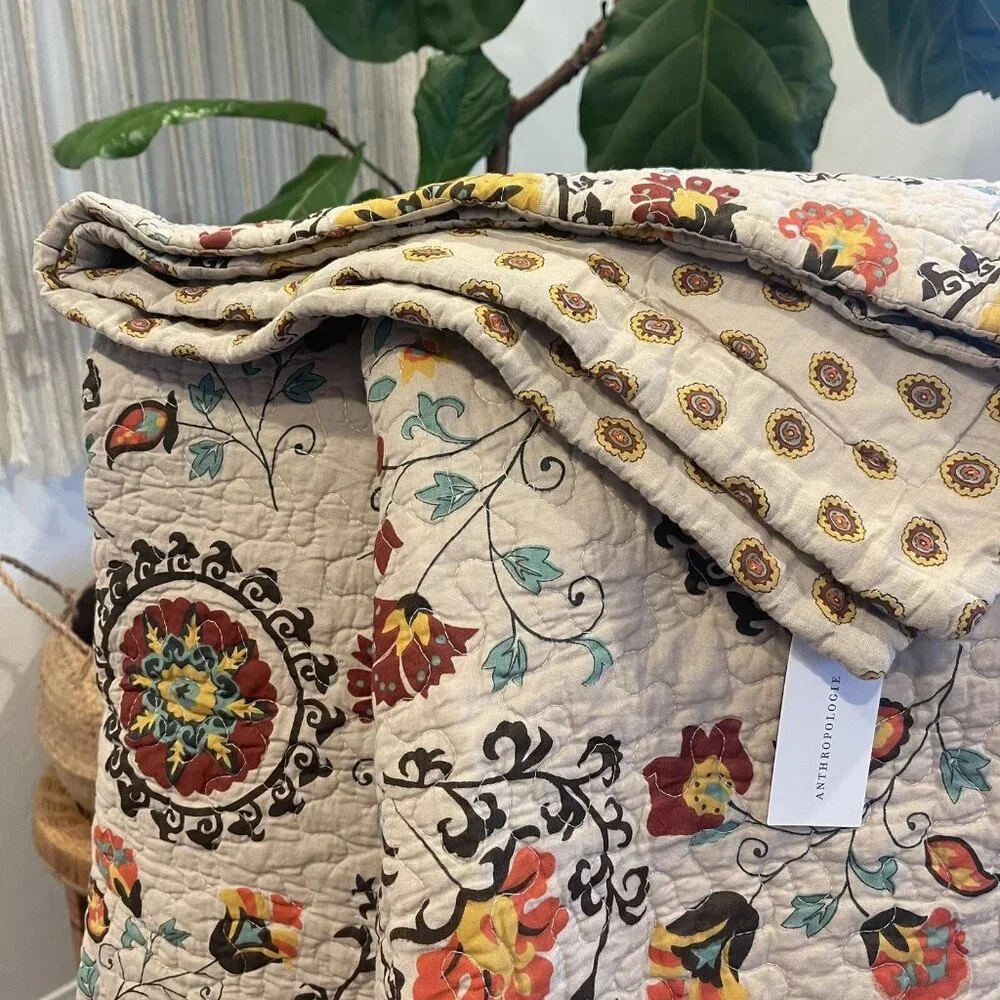 NEW Anthropologie Multicolor Retro Boho Quilt Bedspread Bedding & Sham Set